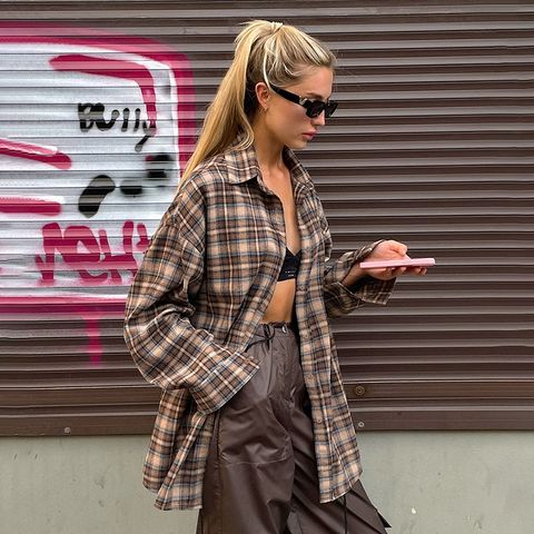 Women's Blouse Long Sleeve Blouses Contrast Binding Streetwear Plaid