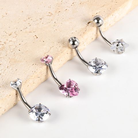 1 Piece Belly Rings IG Style Shiny Round Star Heart Shape 302 Stainless Steel Inlay Diamond Zircon Belly Rings