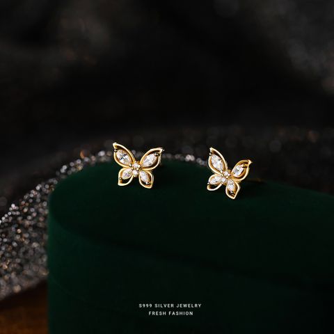 1 Pair Simple Style Butterfly Sterling Silver Zircon Ear Studs