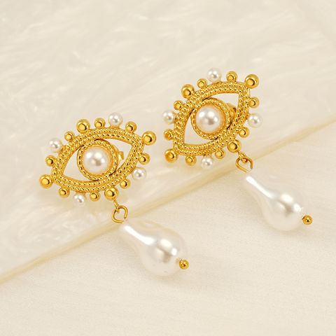 1 Pair IG Style Simple Style Eye Inlay 304 Stainless Steel Artificial Pearls 18K Gold Plated Drop Earrings