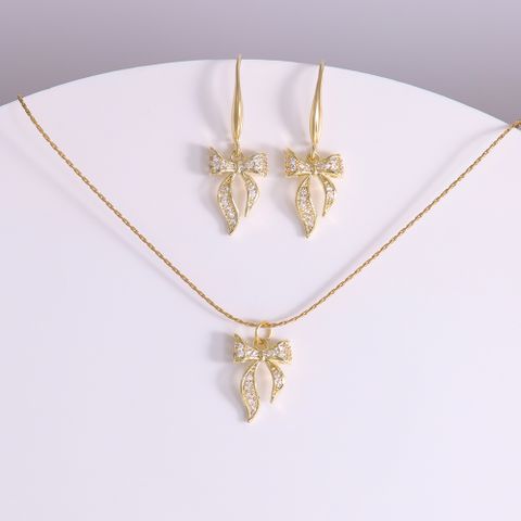 Copper 18K Gold Plated IG Style Sweet Plating Inlay Bow Knot Artificial Pearls Zircon Jewelry Set