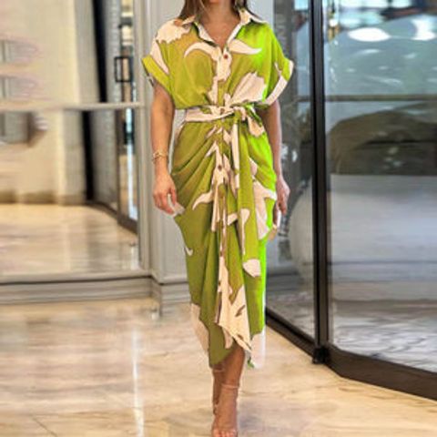 Women's Sheath Dress Streetwear Turndown Shirt Collar Pleated Short Sleeve Solid Color Midi Dress Holiday Beach