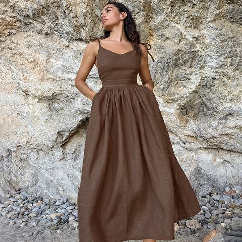 Women's Strap Dress Elegant Simple Style V Neck Sleeveless Solid Color Maxi Long Dress Casual Daily