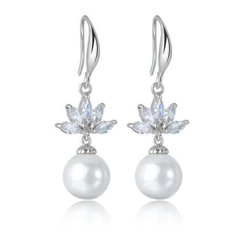 1 Pair Elegant Lady Pearl Plating Copper Alloy Pearl Zircon White Gold Plated Drop Earrings