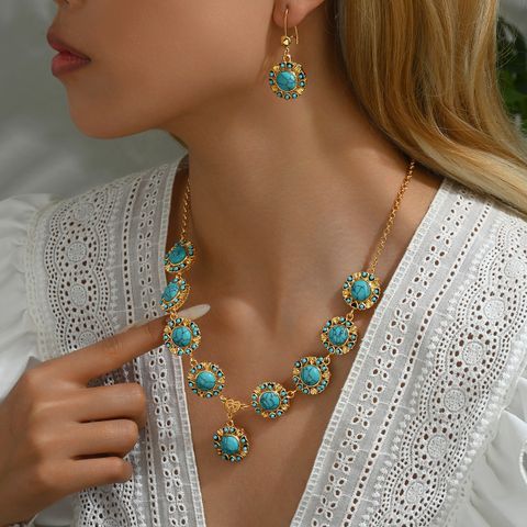 Classical Classic Style Shiny Round 18K Gold Plated Turquoise Alloy Wholesale Earrings Necklace Jewelry Set