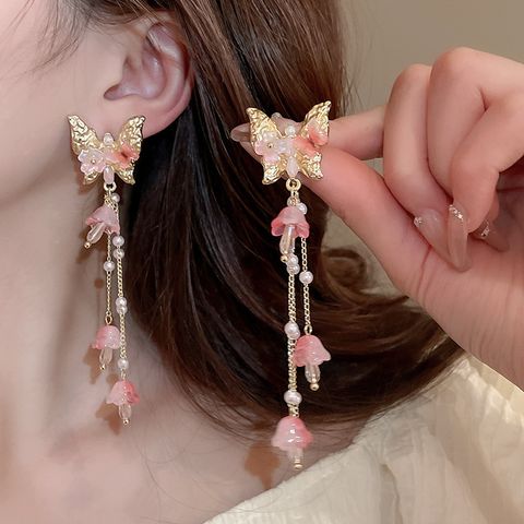 1 Pair Sweet Flower Butterfly Inlay Alloy Crystal Drop Earrings