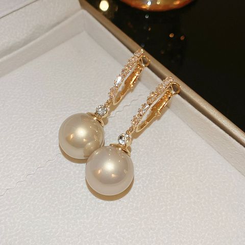 1 Pair Elegant Round Inlay Copper Pearl Zircon Drop Earrings