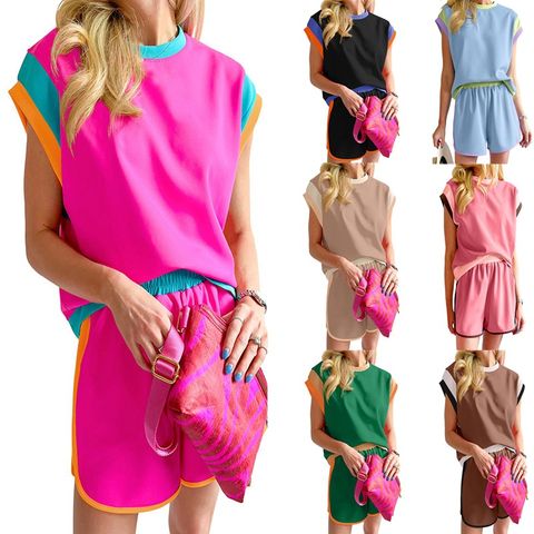 Holiday Daily Beach Women's Streetwear Color Block Spandex Polyester Knit Contrast Binding Pants Sets Shorts Sets