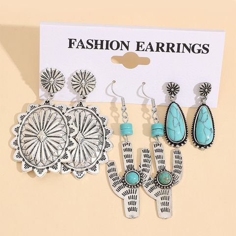 1 Set IG Style Retro Cactus Water Droplets Flower Plating Inlay Alloy Turquoise Drop Earrings