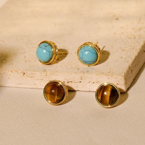 1 Pair Simple Style Round Inlay Copper Natural Stone Zircon Ear Studs