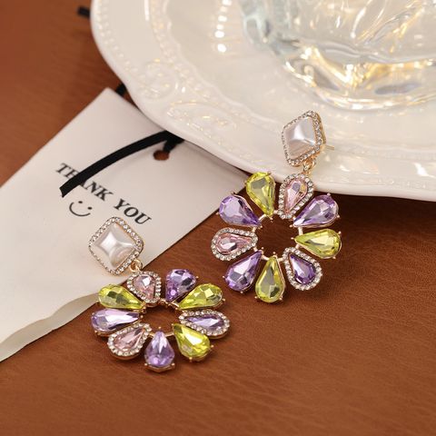 1 Pair Lady Flower Plating Alloy Artificial Diamond 18K Gold Plated Drop Earrings