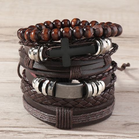 Retro Cross Pu Leather Wooden Beads Handmade Unisex Bracelets