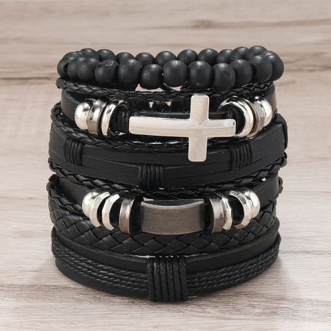 Retro Cross Pu Leather Wooden Beads Handmade Unisex Bracelets
