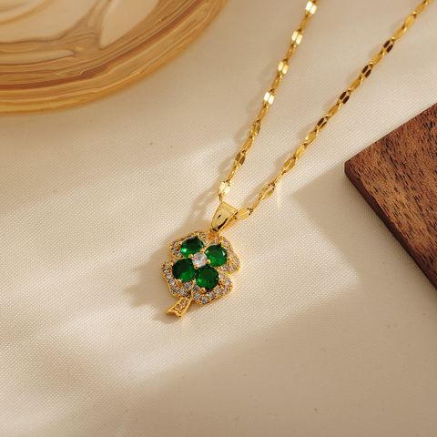 Wholesale Simple Style Four Leaf Clover Copper Plating Inlay 18K Gold Plated Zircon Pendant Necklace
