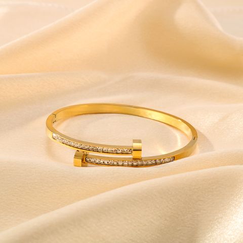 Basic Classic Style Commute Solid Color Nail 304 Stainless Steel 18K Gold Plated Zircon Bangle In Bulk