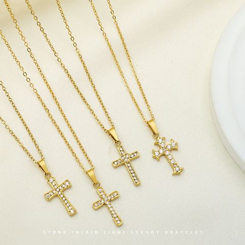 Titanium Steel Lady Plating Cross Artificial Rhinestones Pendant Necklace