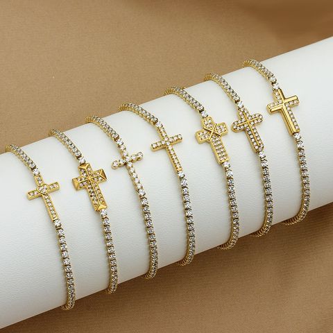 Titanium Steel Gold Plated Elegant Simple Style Plating Cross Artificial Diamond Bracelets