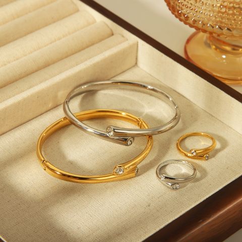 304 Stainless Steel 18K Gold Plated Vintage Style Exaggerated Classic Style Plating Inlay Solid Color Zircon Rings Bangle Jewelry Set