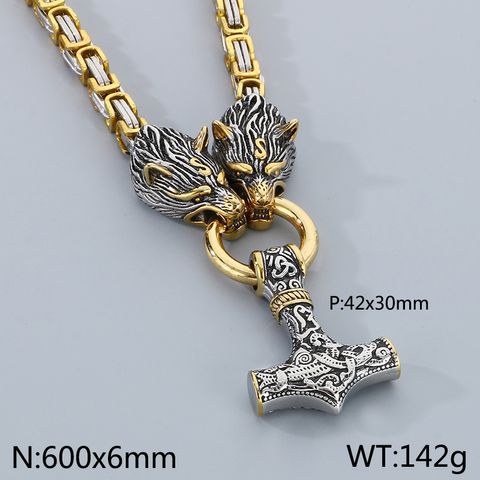 304 Stainless Steel 18K Gold Plated Hip-Hop Wolf Hammer Pendant Necklace