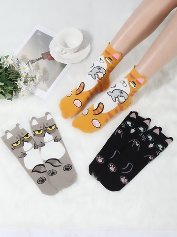 Femmes Mignon Chat Polyester Cheville Chaussettes 3 Paires 6 Morceaux