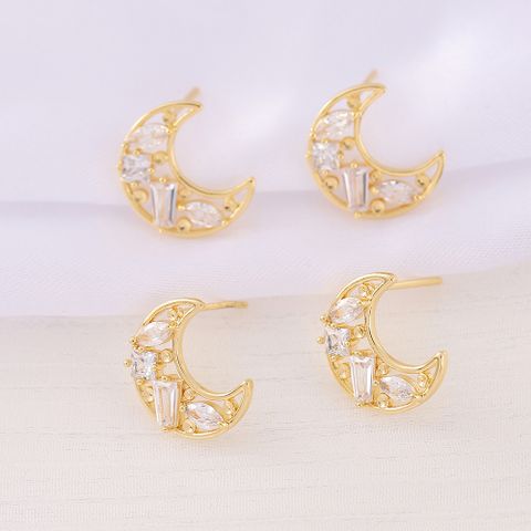1 Pair 12 * 13mm Copper Zircon 18K Gold Plated Moon Polished Earring Findings