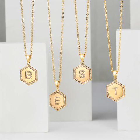 Wholesale Simple Style Hexagon Letter Copper Pendant Necklace