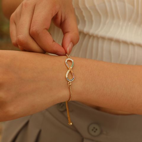 Copper Gold Plated Simple Style Shiny Hollow Out Inlay Infinity Zircon Bracelets