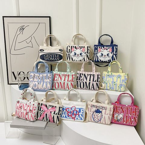 Women's Canvas Letter Cat Strawberry Cute Sewing Thread Open Handbag Crossbody Bag