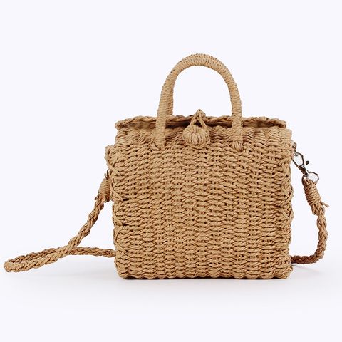 Women's Small Polyester Cotton Straw Solid Color Vintage Style Beach Hook Loop Straw Bag