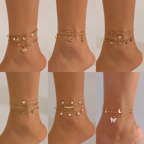 Simple Style Butterfly Shell Arylic Alloy Copper Women's Anklet