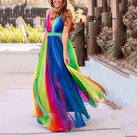 Women's Swing Dress Elegant Strap Sleeveless Colorful Maxi Long Dress Casual