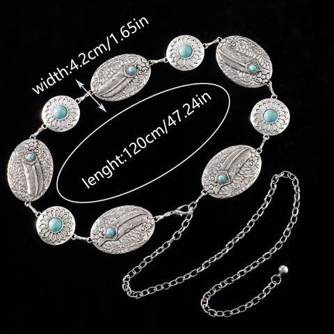 Casual Retro Bohemian Oval Feather Flower Alloy Inlay Turquoise Women's Chain Belts