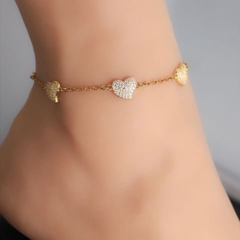 Elegant Shiny Heart Shape 304 Stainless Steel Copper Inlay Zircon 18K Gold Plated Women's Anklet