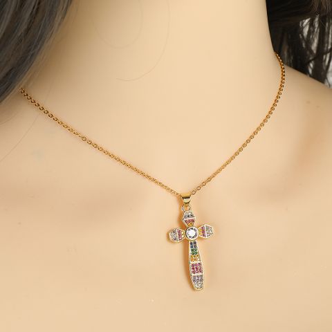 Wholesale Elegant Lady Streetwear Cross Copper Plating Inlay Gold Plated Zircon Pendant Necklace