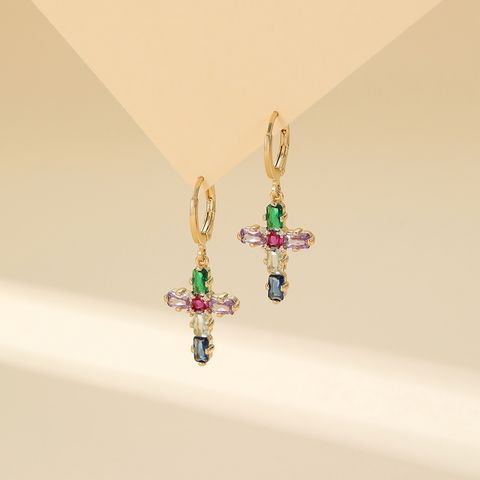 1 Pair Luxurious Classic Style Cross Plating Inlay Copper Rhinestones Gold Plated Earrings