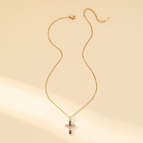 Wholesale Simple Style Cross Copper Inlay Zircon Pendant Necklace
