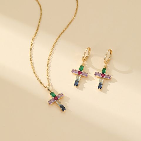 304 Stainless Steel Copper Gold Plated Luxurious Classic Style Inlay Cross Zircon Earrings Necklace Jewelry Set