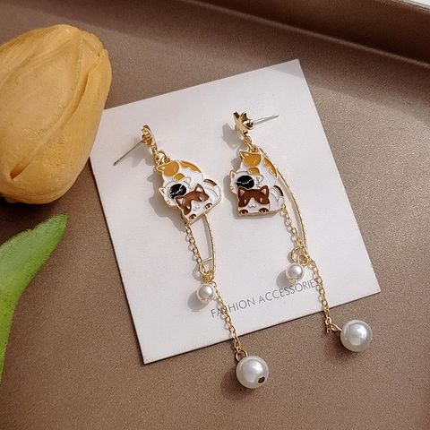 1 Pair Cartoon Style Cute Sweet Rabbit Enamel Plating Imitation Pearl Alloy Metal Drop Earrings