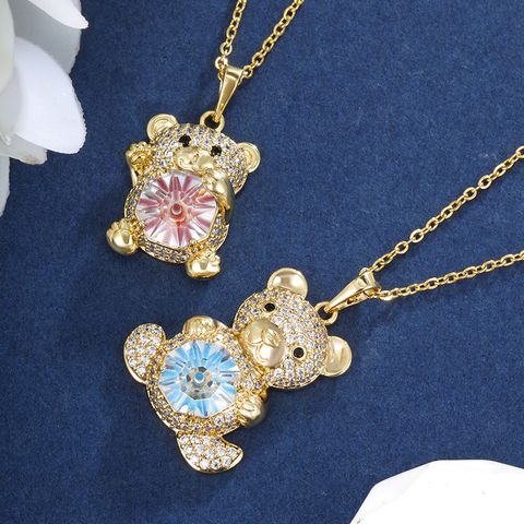 Wholesale Cute Sweet Korean Style Little Bear Copper Plating Inlay 14K Gold Plated Artificial Gemstones Pendant Necklace