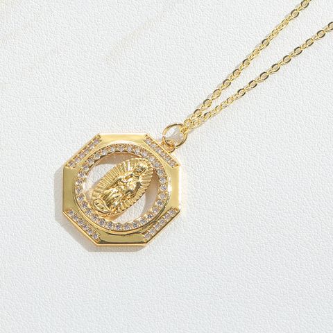Wholesale Vintage Style Simple Style Commute Round Copper Enamel Inlay 14K Gold Plated Zircon Pendant Necklace