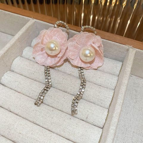 1 Pair Vacation Sweet Flower Chain Inlay Copper Imitation Pearl Rhinestones Drop Earrings