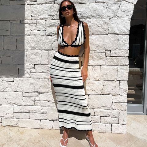 Women's Lady Sexy Stripe Cotton Skirt Sets Skirt Sets