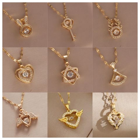Wholesale Sweet Simple Style Shiny Rabbit Heart Shape Key 201 Stainless Steel Copper Inlay Zircon Pendant Necklace