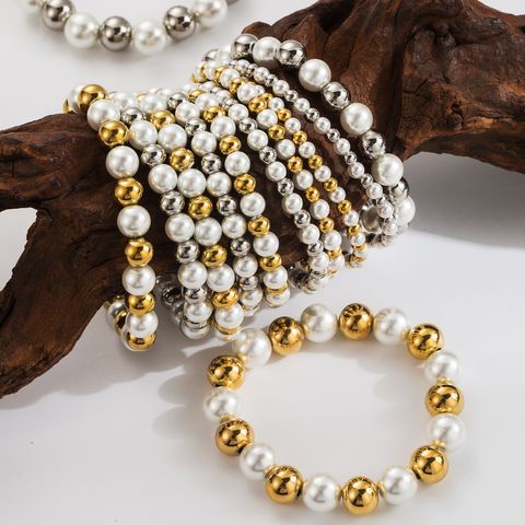 Basic Commute Solid Color 304 Stainless Steel Artificial Pearl 18K Gold Plated Artificial Pearls Bracelets In Bulk