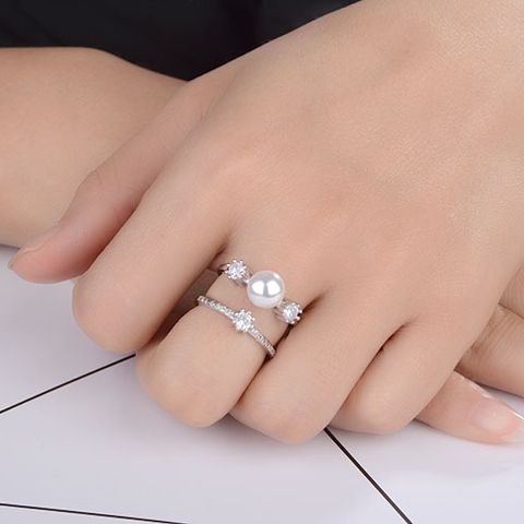 Copper Lady Simple Style Commute Inlay Geometric Imitation Pearl Zircon Open Rings