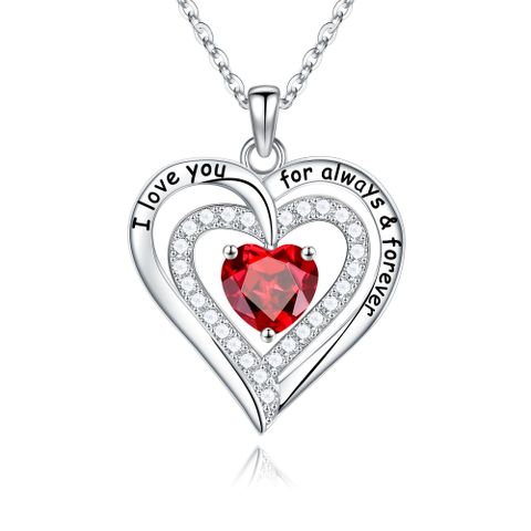 Sterling Silver Cute Sweet Hollow Out Inlay Heart Shape Rose Birthstone Zircon Pendant Necklace