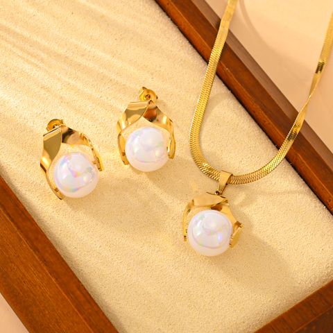 Titan Stahl 18 Karat Vergoldet Süss Einfacher Stil Perle Runden Ohrringe Halskette