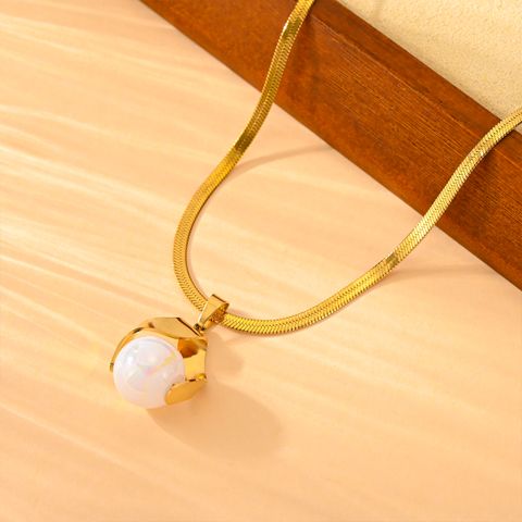 Titanium Steel 18K Gold Plated Sweet Simple Style Pearl Round Earrings Necklace