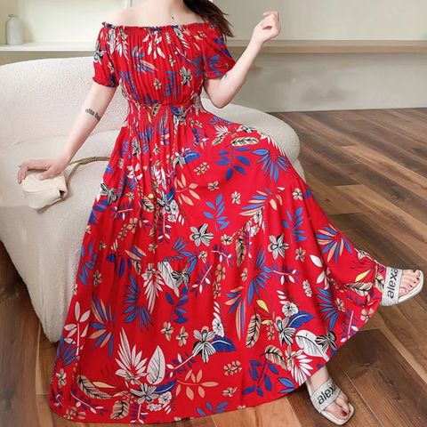 Women's Tea Dress Elegant Sexy Boat Neck Printing Elastic Waist Hollow Out Short Sleeve Leaf Flower Midi Dress Casual Outdoor Daily