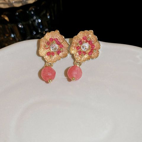 1 Pair IG Style Sweet Flower Beaded Inlay Alloy Natural Stone Rhinestones Drop Earrings